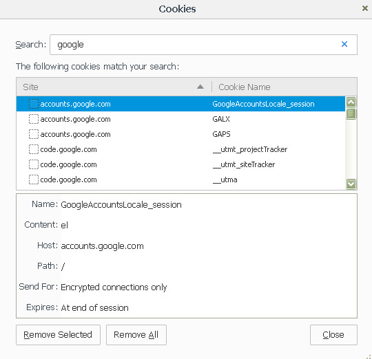 Descripcin: Privacy - show cookies - remove selected - firefox 38